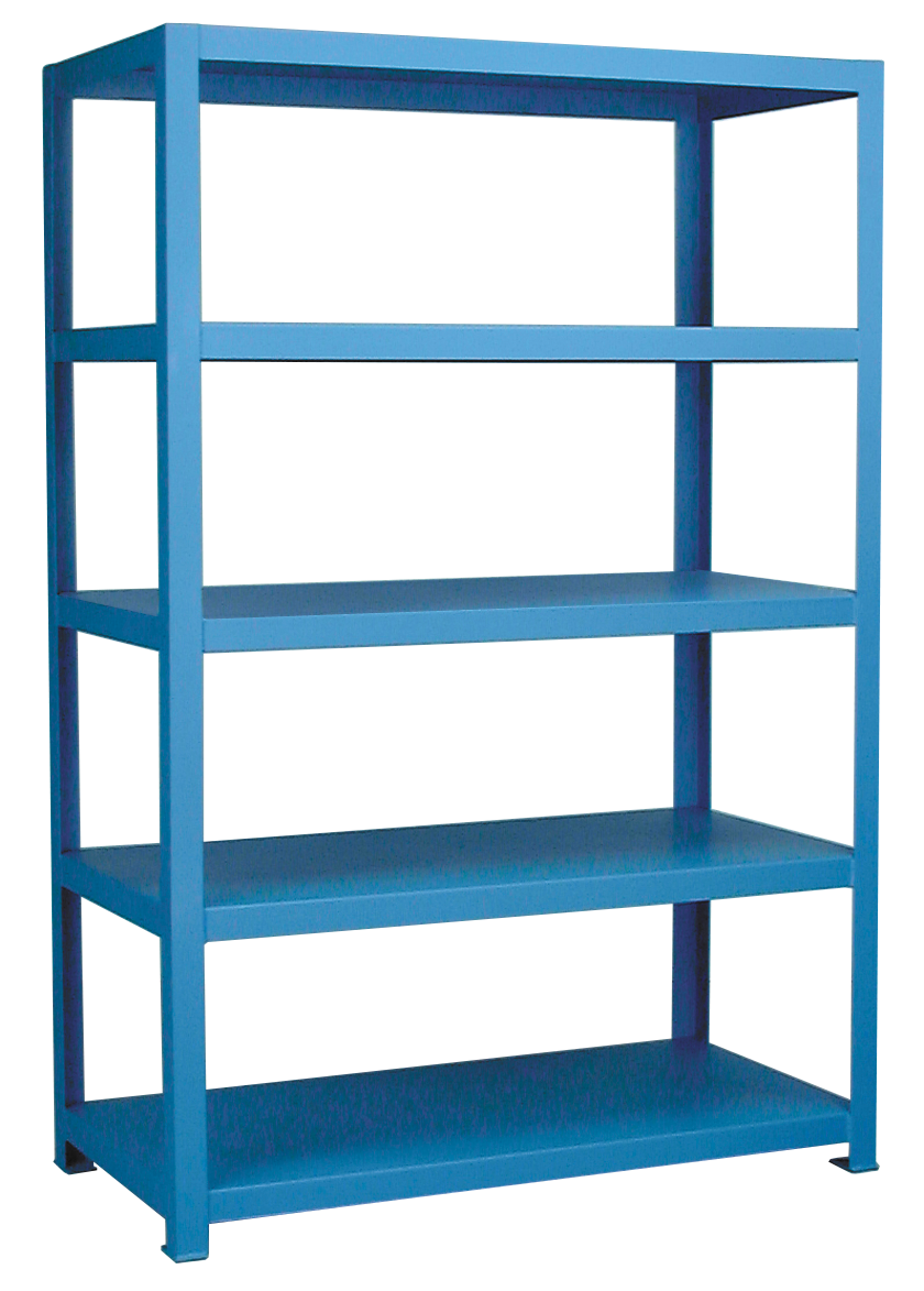 blue industrial storage rack with 4 shelves